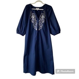Tuckernuck Midi Shirt Dress Puff Sleeves Embroidered Front Navy Blue